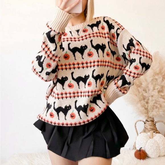 New Pumpkin Black Cat Halloween Sweater Orange Cream Long Sleeve Crew - Picture 11 of 15
